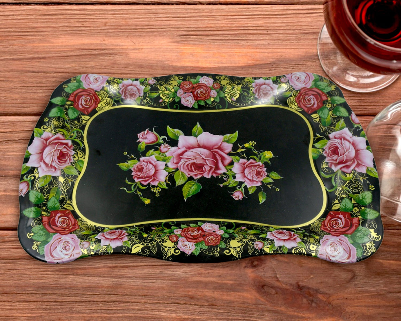 Stainless Steel Serving Tray With Flower Printed Rectangle Premium Dining Table Plate (18 x 8.5 Inch / 1 Pc)