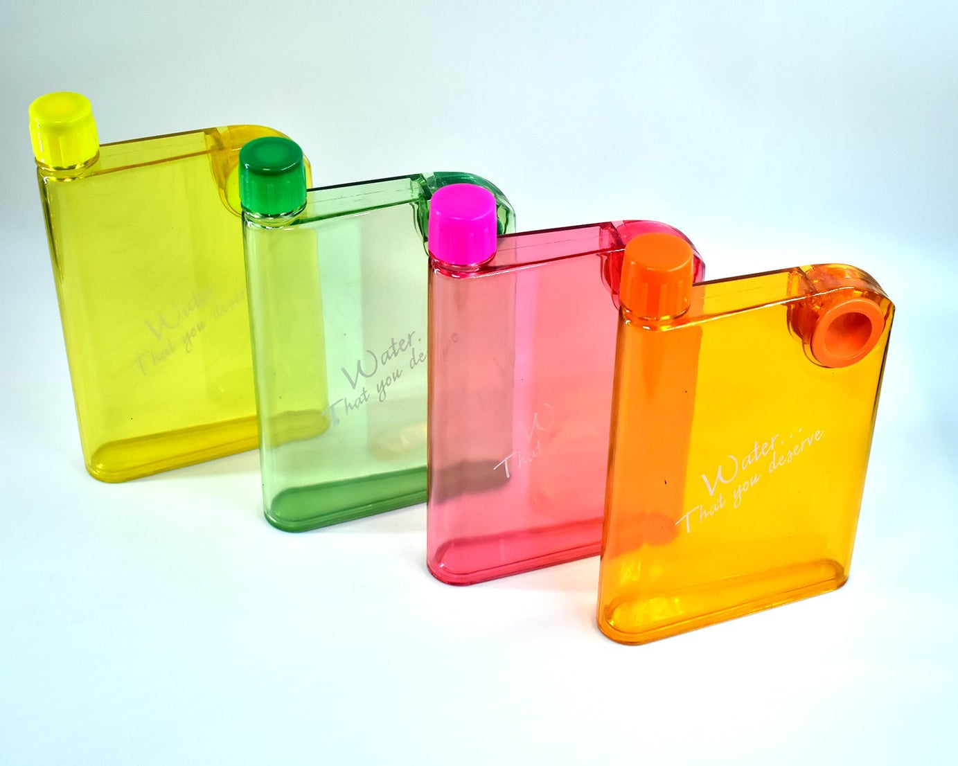 Slim and colorful water bottle shaped like a notebook.