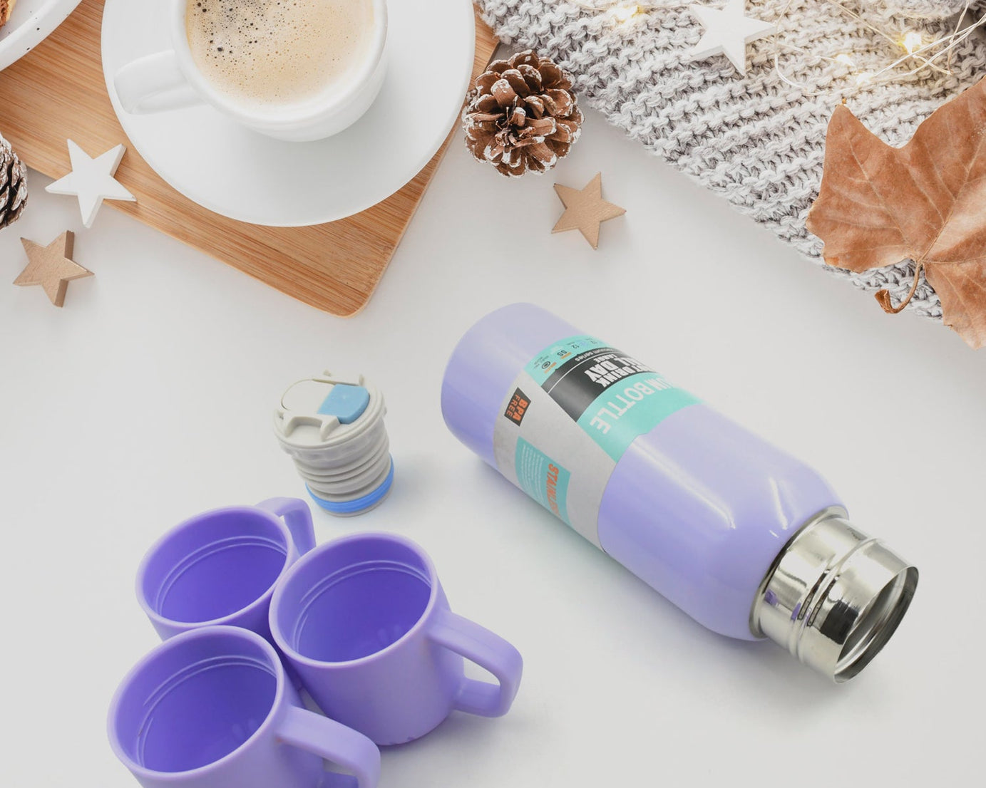 Vacuum Flask Set Stainless Steel Thermos With 3 Cup Creative Gift Set With Cover Handle Portable Car Water Bottle Set (Approx 500ml)