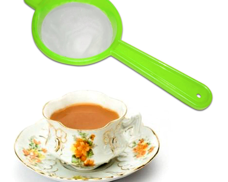 Tea and coffee strainers in multiple colors, ideal for kitchen use.