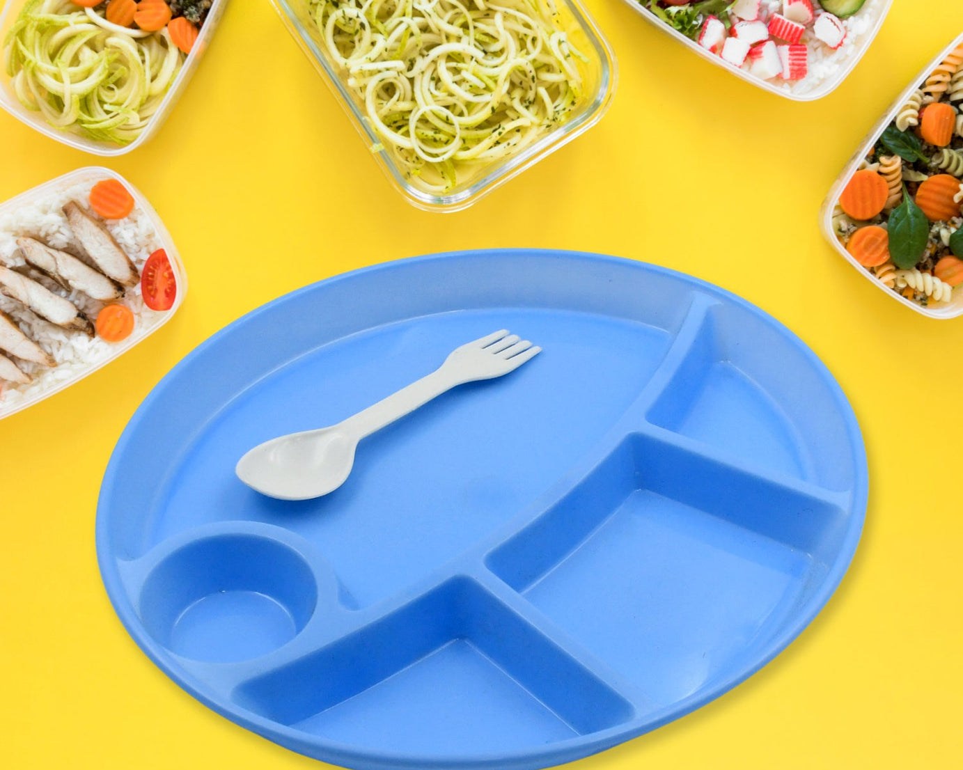 Plastic Food Plates / Biodegradable 5 Compartment Plate With Spoon for Food Snacks / Nuts / Desserts Plates for Kids, Reusable Plates for Outdoor, Camping, BPA-free (1 Pc)