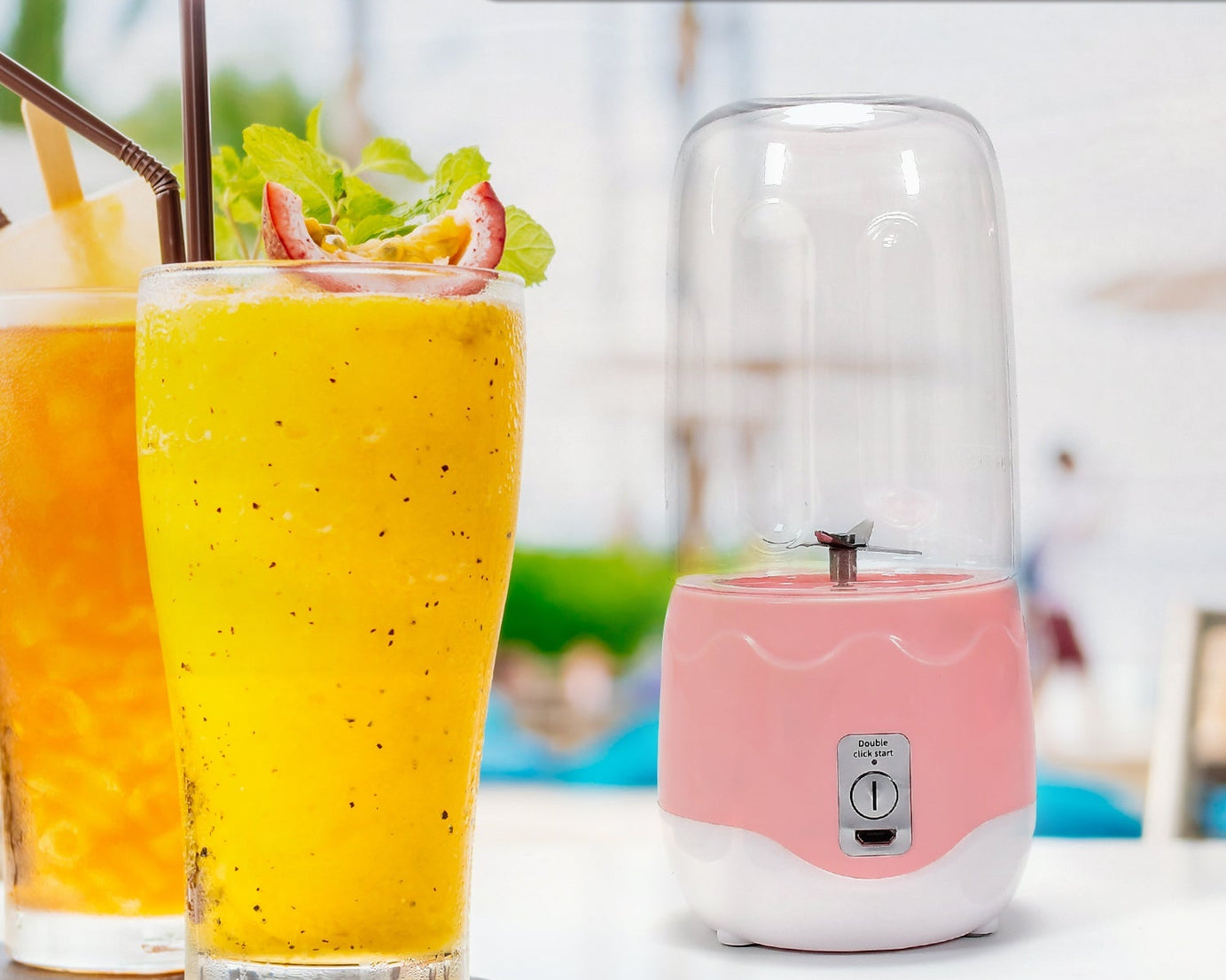 Compact handheld blender for fruits.