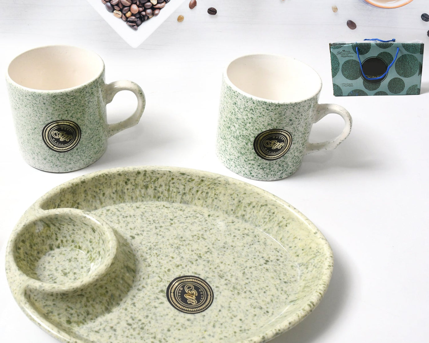 Alpino Ceramic Tea / Cups Set With Plastic Serving 2 Compartment Platter, Milk Cup / Mug, Coffee Cup, Tea Cup BPA Free Food Grade, or Outdoor for Household Gift For Birthday (3 Pcs Set)