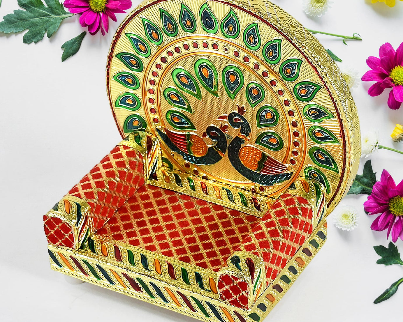 Meenakari Work Laddu Gopal Singhasan for Pooja Mandir Wooden Krishna Ladoo Bal Gopal Sofa Asan, Home Decorative Premium Look Decorative Singhasan Suitable For Home, Office, Restaurant (2 Pc Set)
