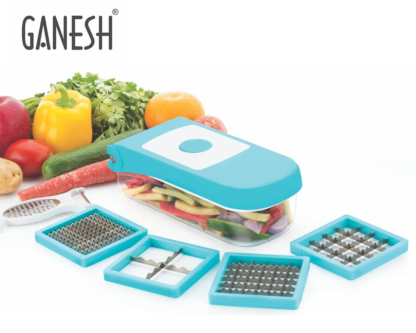 Blue plastic vegetable dicer by Ganesh, 7-in-1, shown from multiple angles.