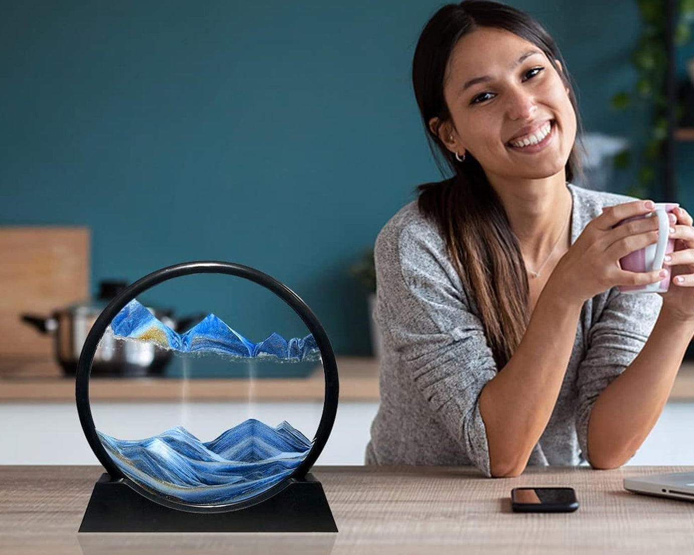 Moving Sand Art Picture Decor, 3D Deep Sea Sandscape Liquid Motion, Round Glass Frame Display Flowing Sand Relaxing Gift for Kids Adults Painting Artistic Sandscape for Home, Office, Ornament Desktop Art Bookshelves Decoration (1 Pc )