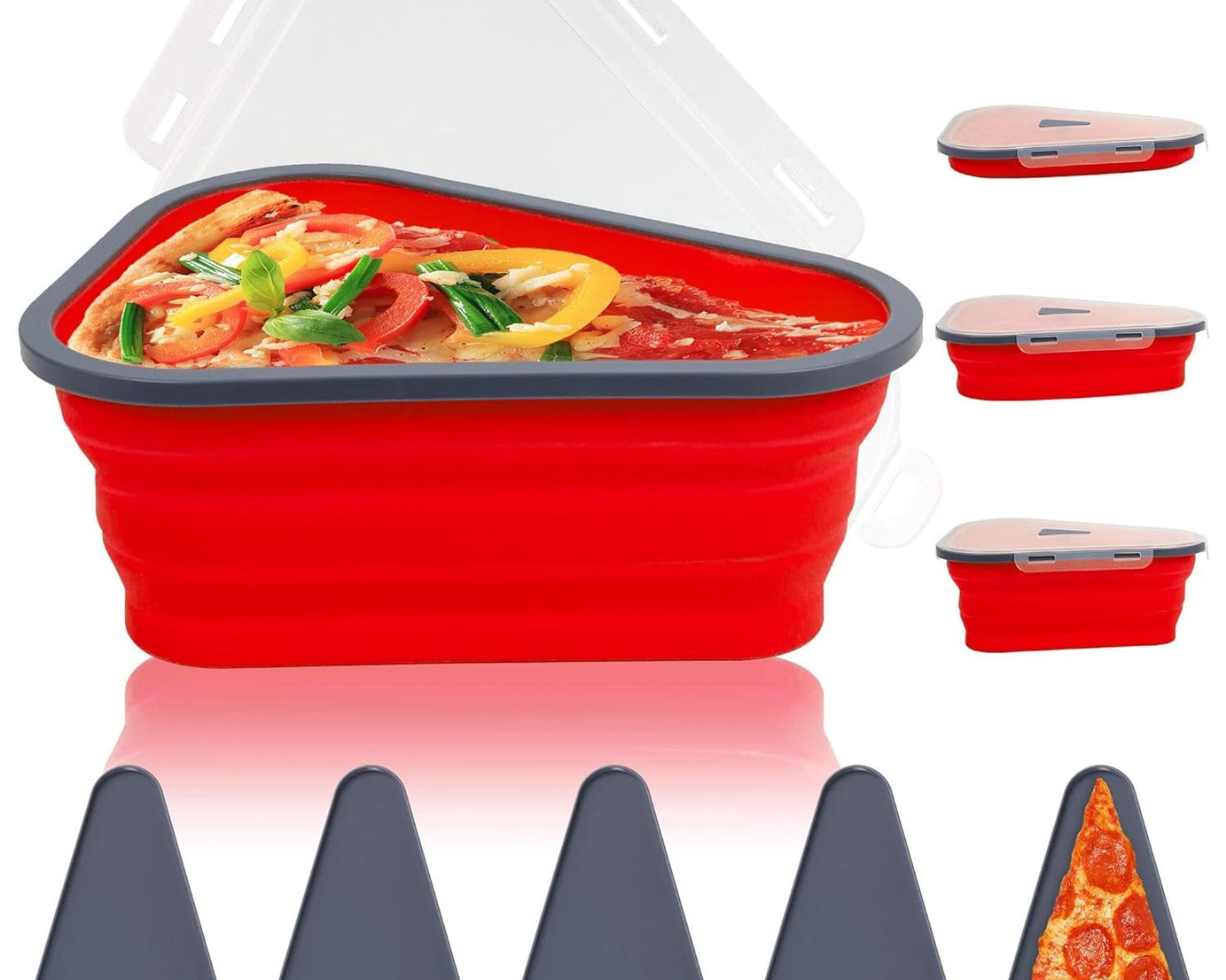 Reusable Pizza Storage Containers with 5 Microwavable Serving Trays, Silicone Container Expandable & Adjustable for Packing Pizza at home / outdoor