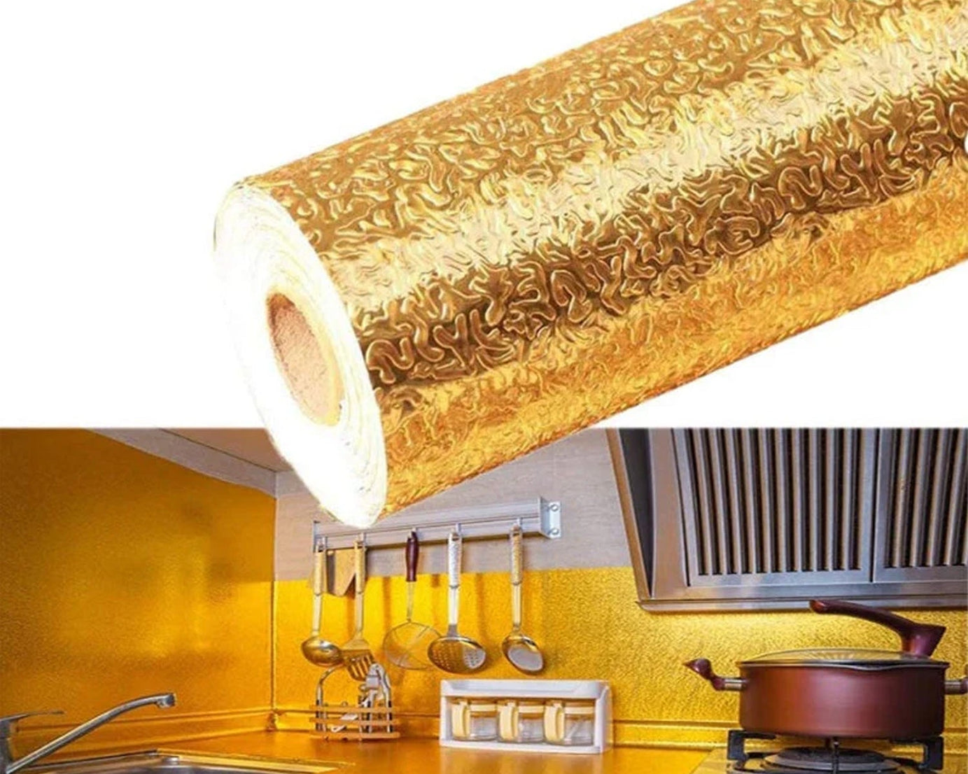 Oil Proof Sticker, Waterproof Self Adhesive Aluminum Foil Wallpaper (60 cm×2m / Golden / 1 Pc)