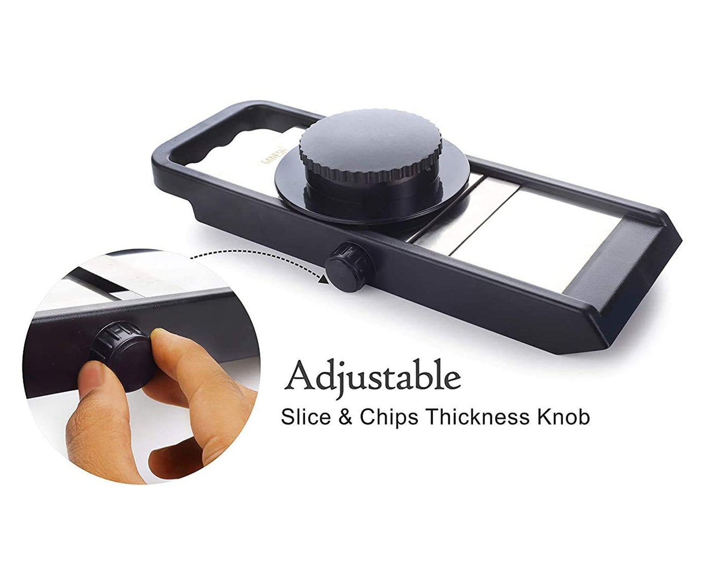 Ganesh adjustable slicer, plastic with black and silver finish, 1 piece.
