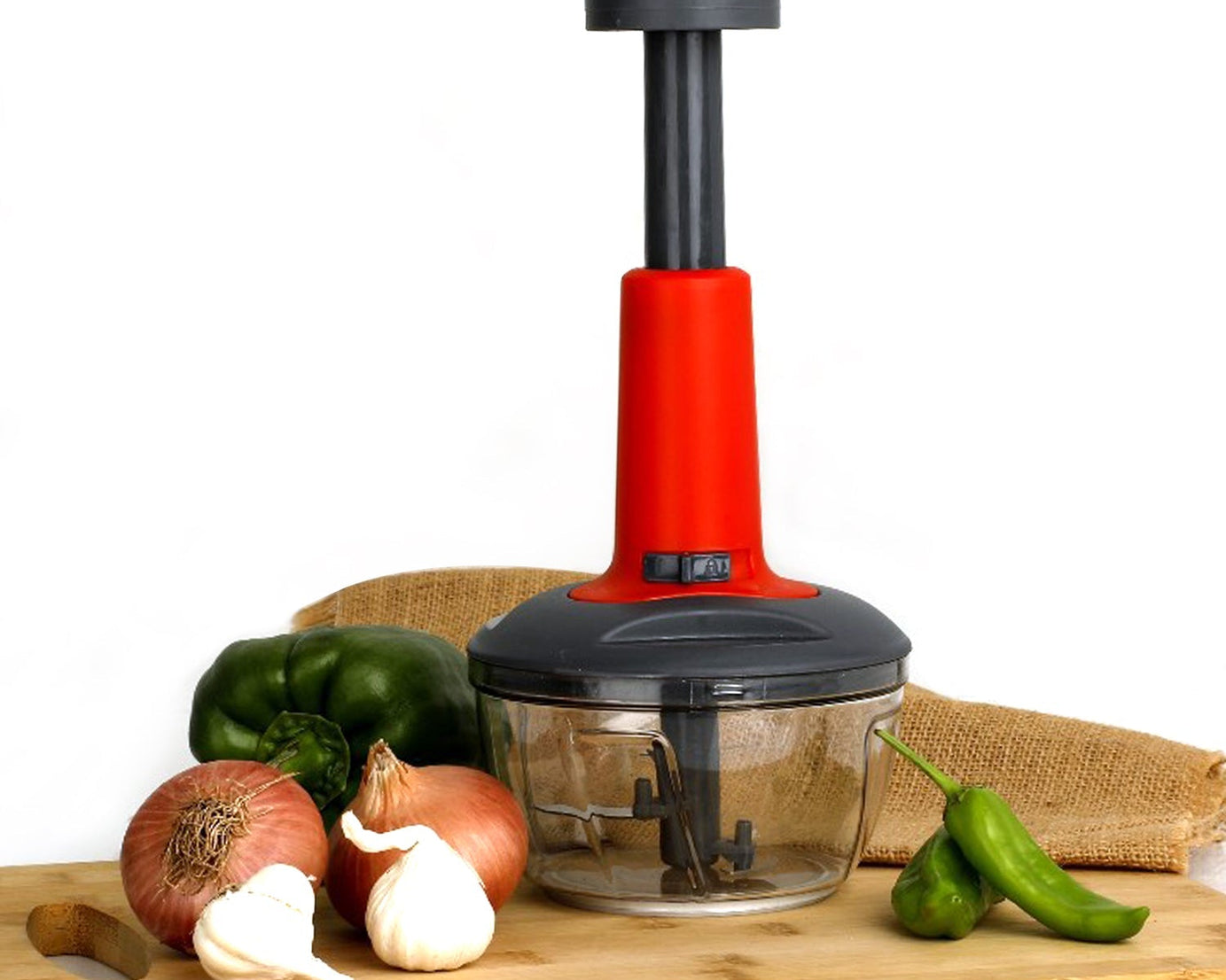 Matte finish hand press chopper, compact size, 3 blades