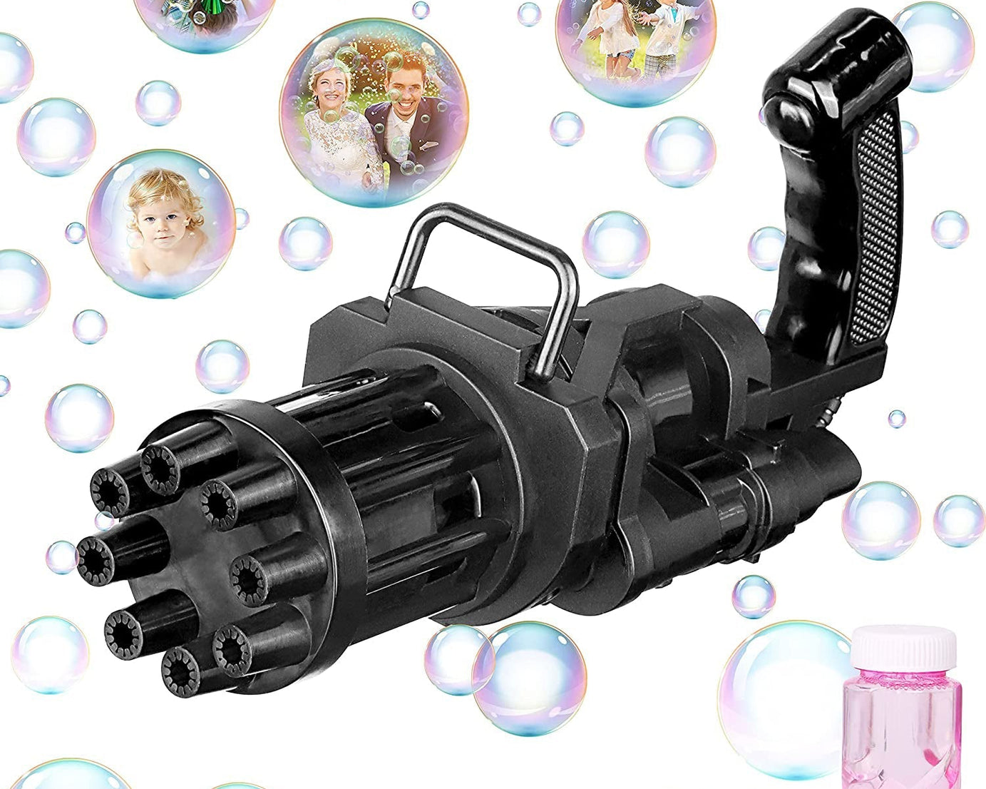 Bubbles gun toy with eight openings and a bright design