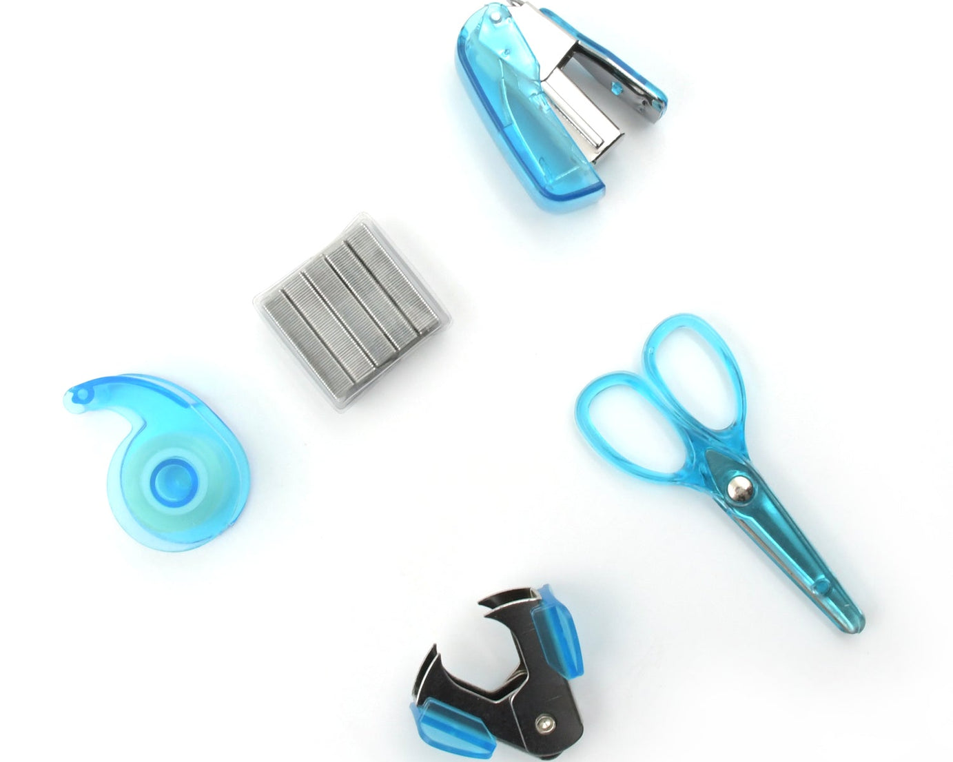 Mini Office Stationery Set -  Stapler, Scissors, Paper Clips, Tape Dispenser, Transparent Tape, And Staples