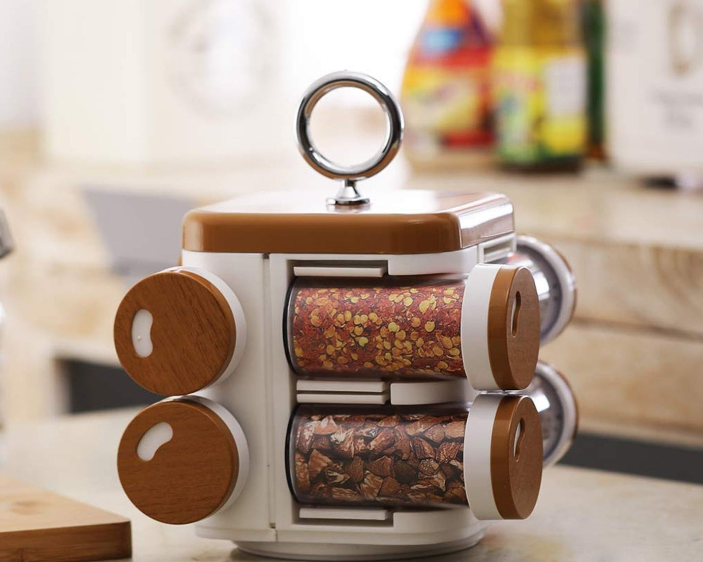 Ganesh Storewell plastic spice rack set of 8, organized jars.
