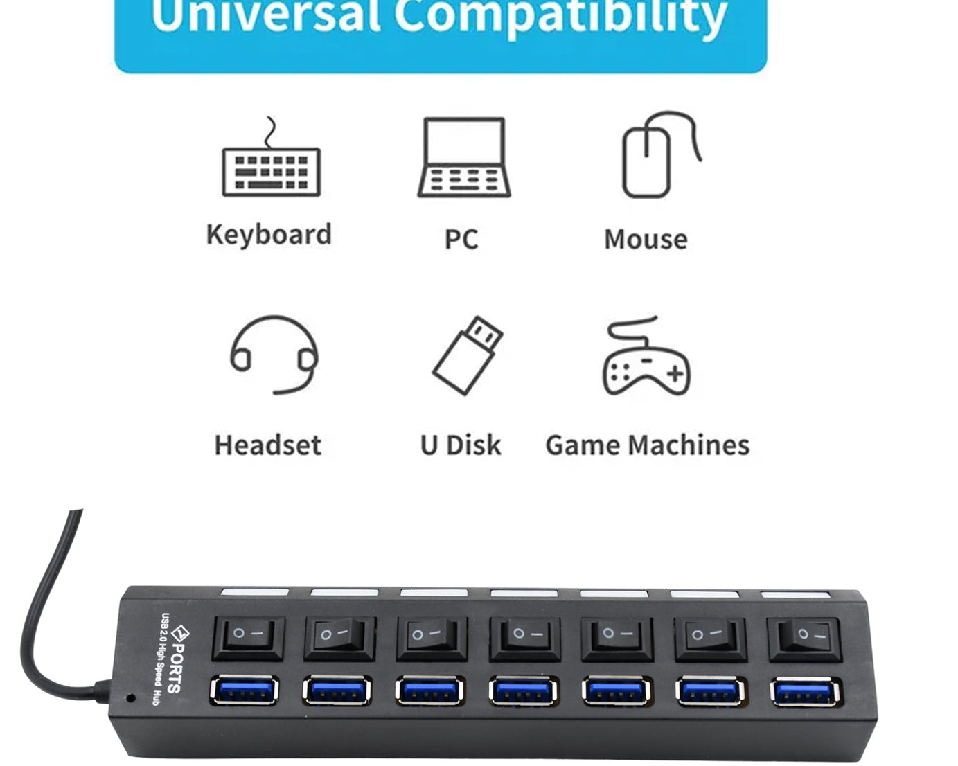 USB Splitter Multi Port USB 2.0 Hub, 7 Port with Independent On/Off Switch and LED Indicators USB A Port Data Hub, Suitable for PC Computer Keyboard Laptop Mobile HDD, Flash Drive Camera Etc