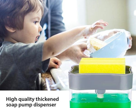 Soap dispenser with attached sponge holder.