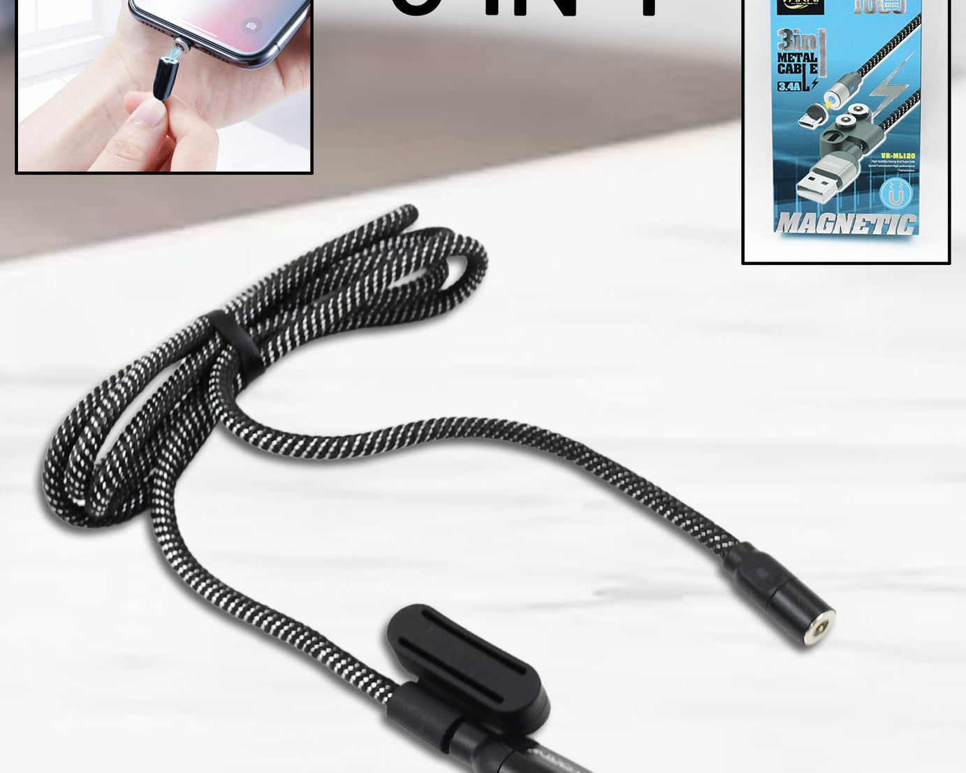 3 in 1 Magnetic USB Charging Cable | USB-c Android and Lightning with Extra Protecting Nylon| Strong Magnetic Cable with Full Rotation Support Fast Charging