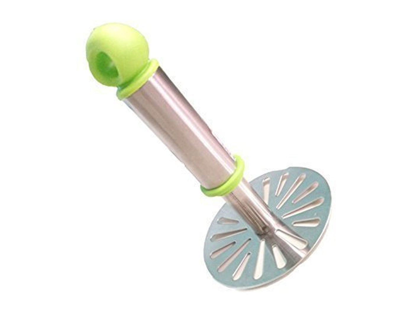 Ganesh masher for potatoes and pav bhaji, plastic handle, silver, oval shape.