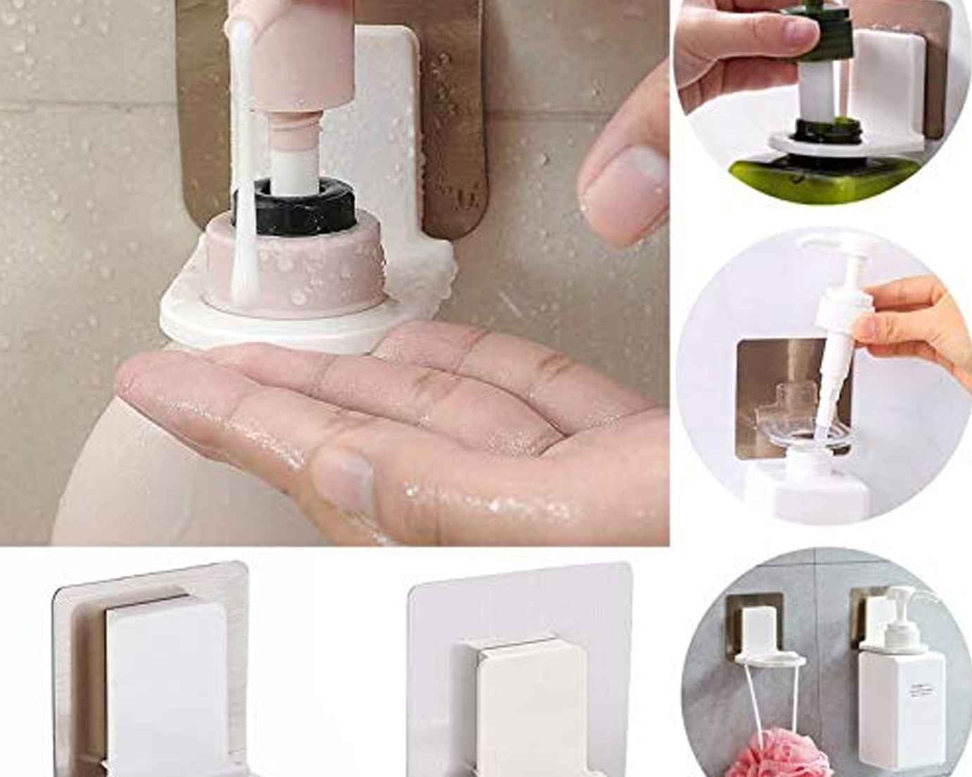 adhesive hook holding body wash and shampoo bottles