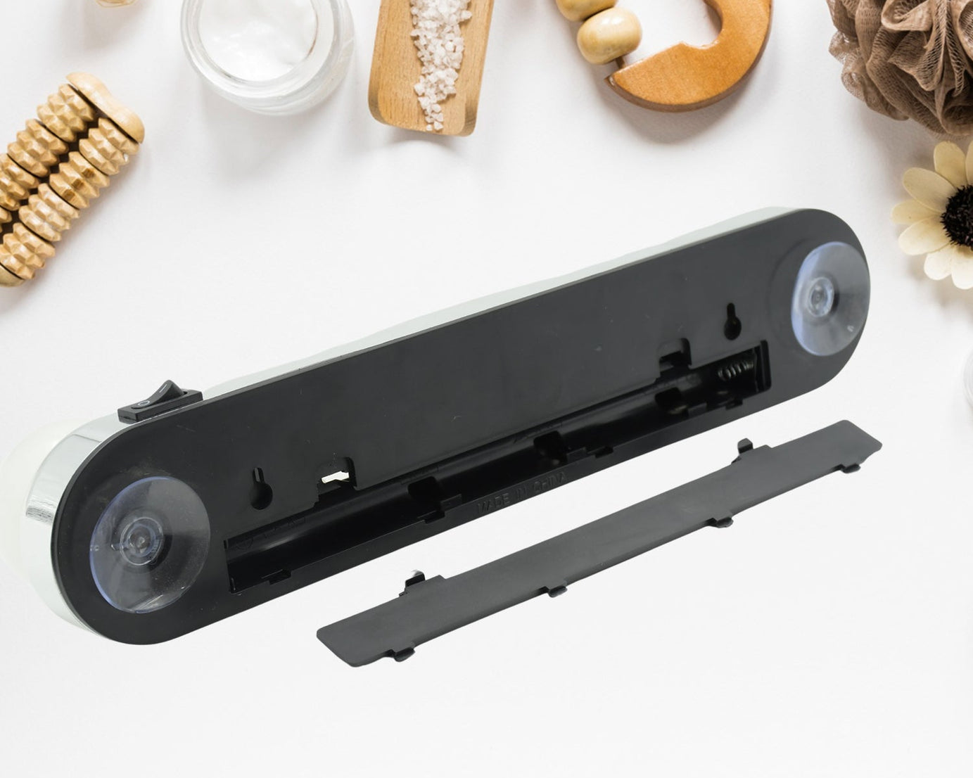 Makeup mirror with battery-powered LED lighting