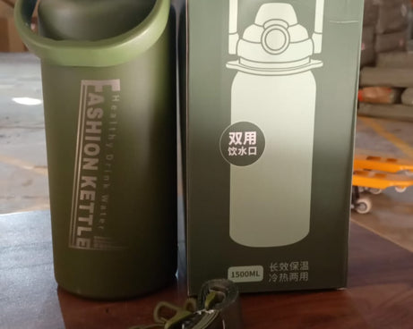 Stainless Steel Water Bottle with Straw, Strap & Handle  Vacuum Insulated Thermos Flask Double-Walled Coffee Thermos Flask Leak-proof Water Bottle for Sports, Fitness, Gym (1500ML)