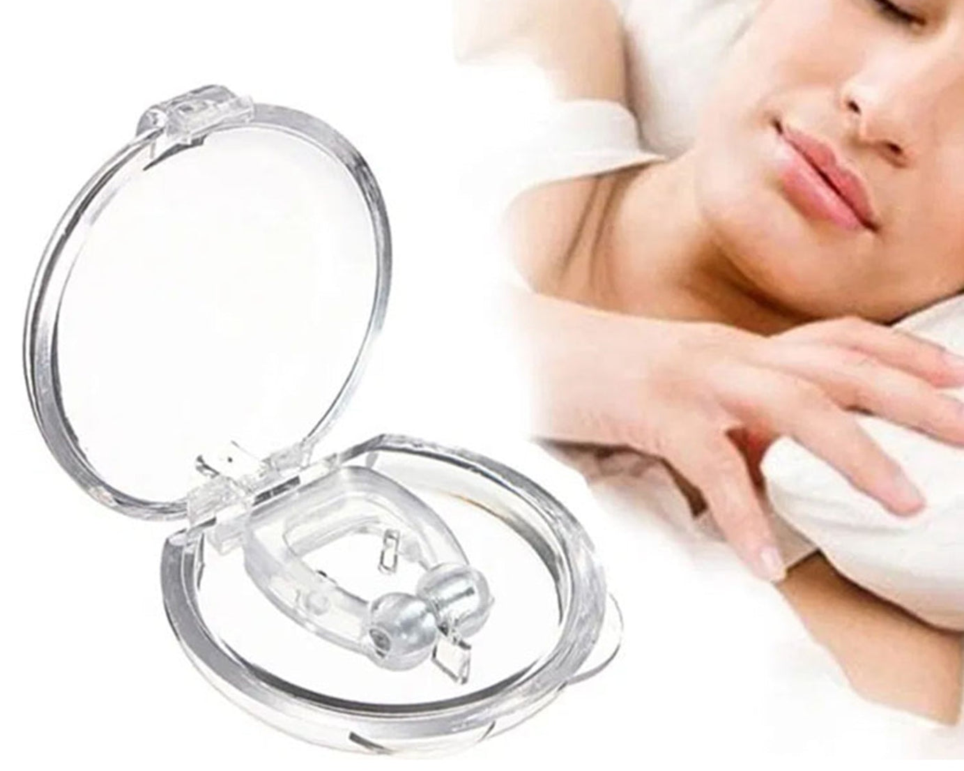 Anti-snoring device featuring a comfortable nose clip design for peaceful sleep.