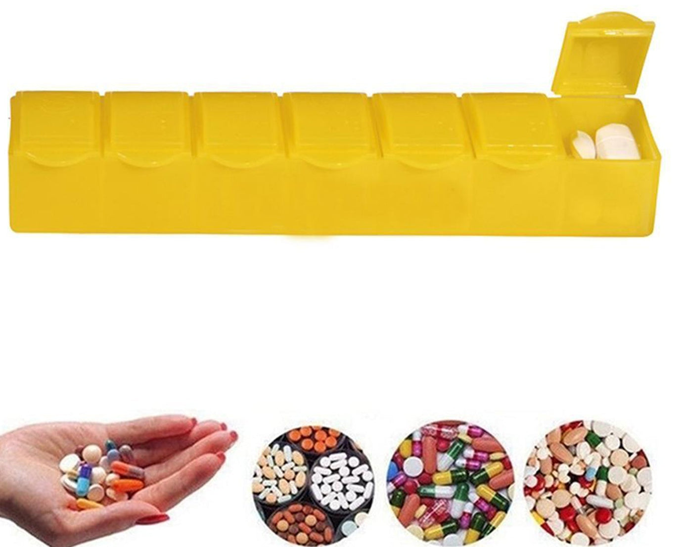 Daily pill organizer with 7 compartments.