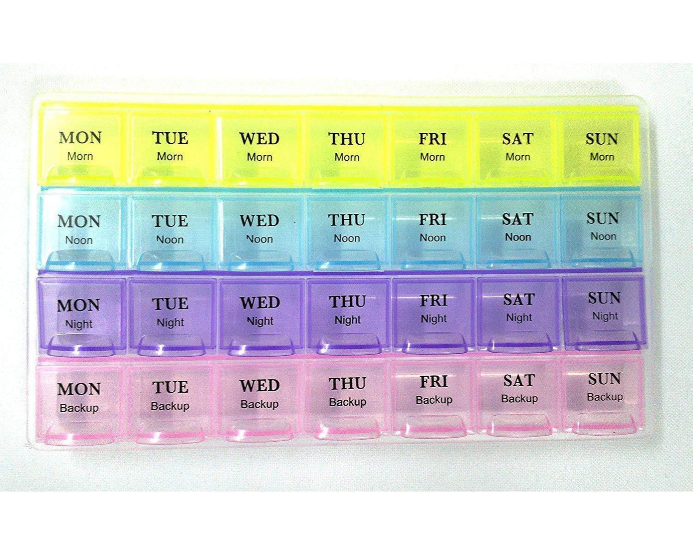Compact pill storage container with labeled sections for daily medication.