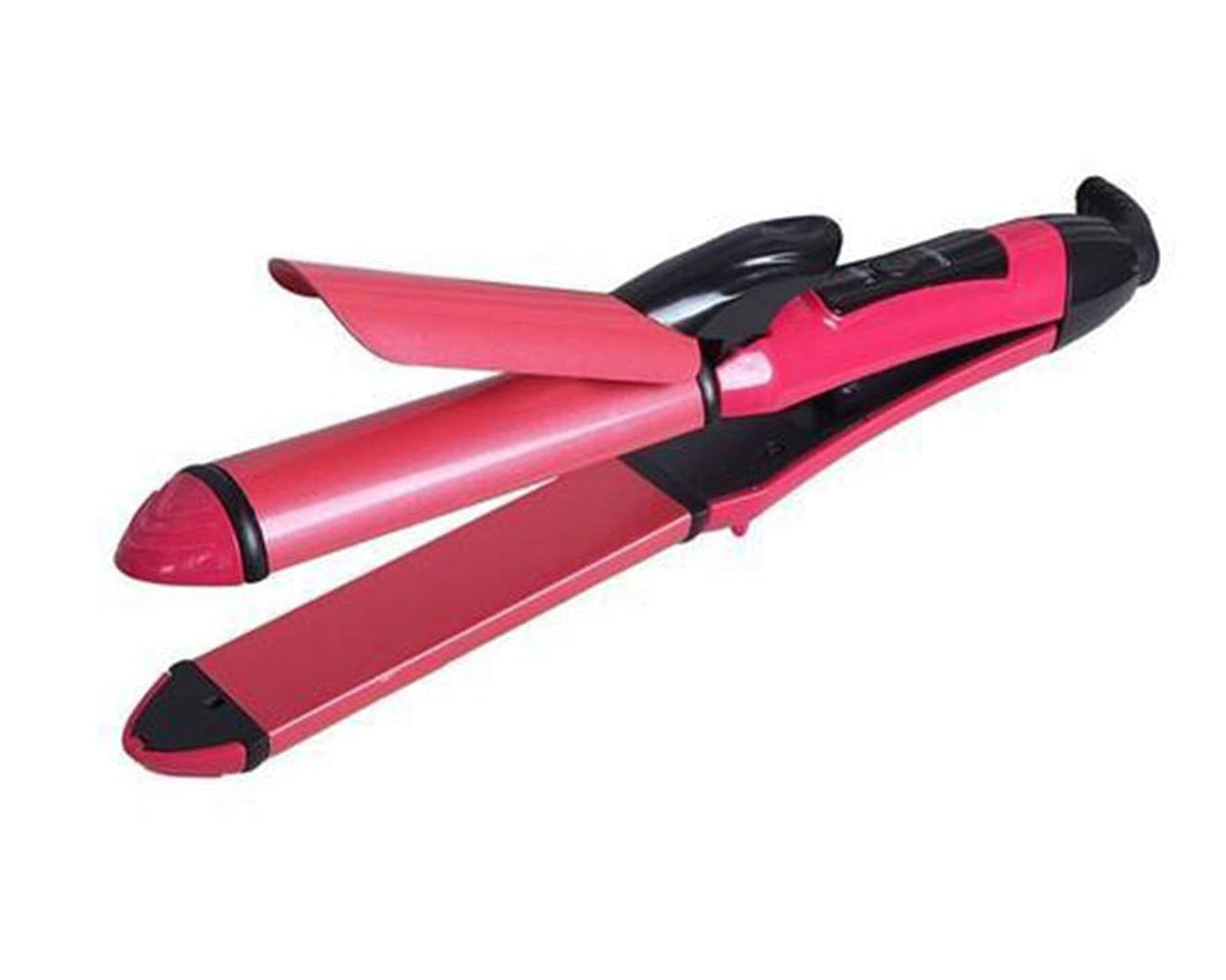 Hair iron with straightening and curling functions.