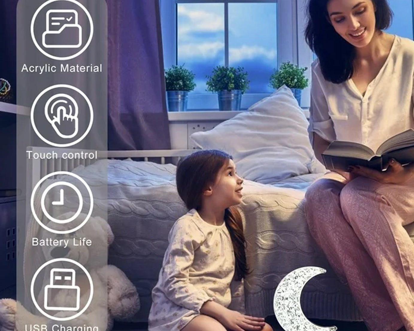 Crystal Table Lamp | Moon Shape Touch Control Lamp with 3 Color | Metal Bedside Lamp for Kids Bedroom Romantic Desktop Nightstand | Stepless Dimming USB Charging Touch Night Light