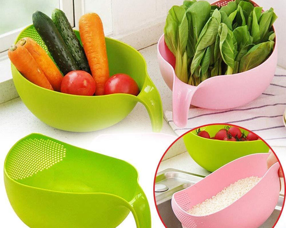 Plastic rice bowl and food strainer set, with handle, set of 3