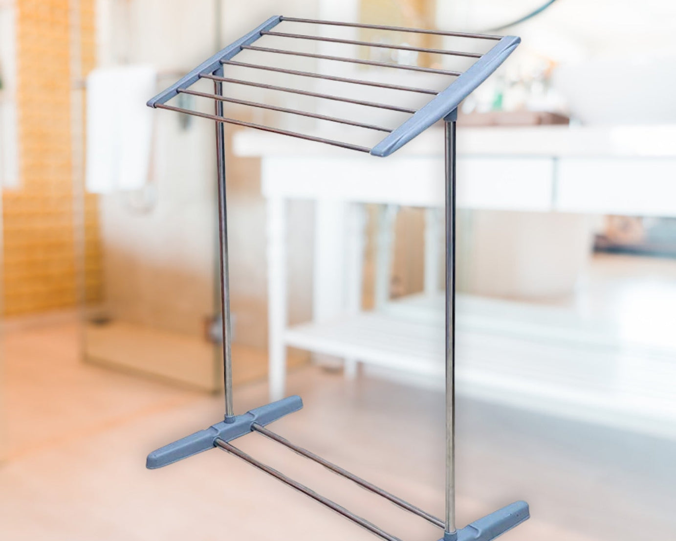 Multi-Functional Single Tier Mobile Towel Foldable Rack for Cloth and Towel / Stainless Steel and Plastic Made Mobile Towel and Cloth Rack Holder Indoor / Outdoor Standing Movable Cloth Dryer Rack, Balcony Cloth Drying Stand