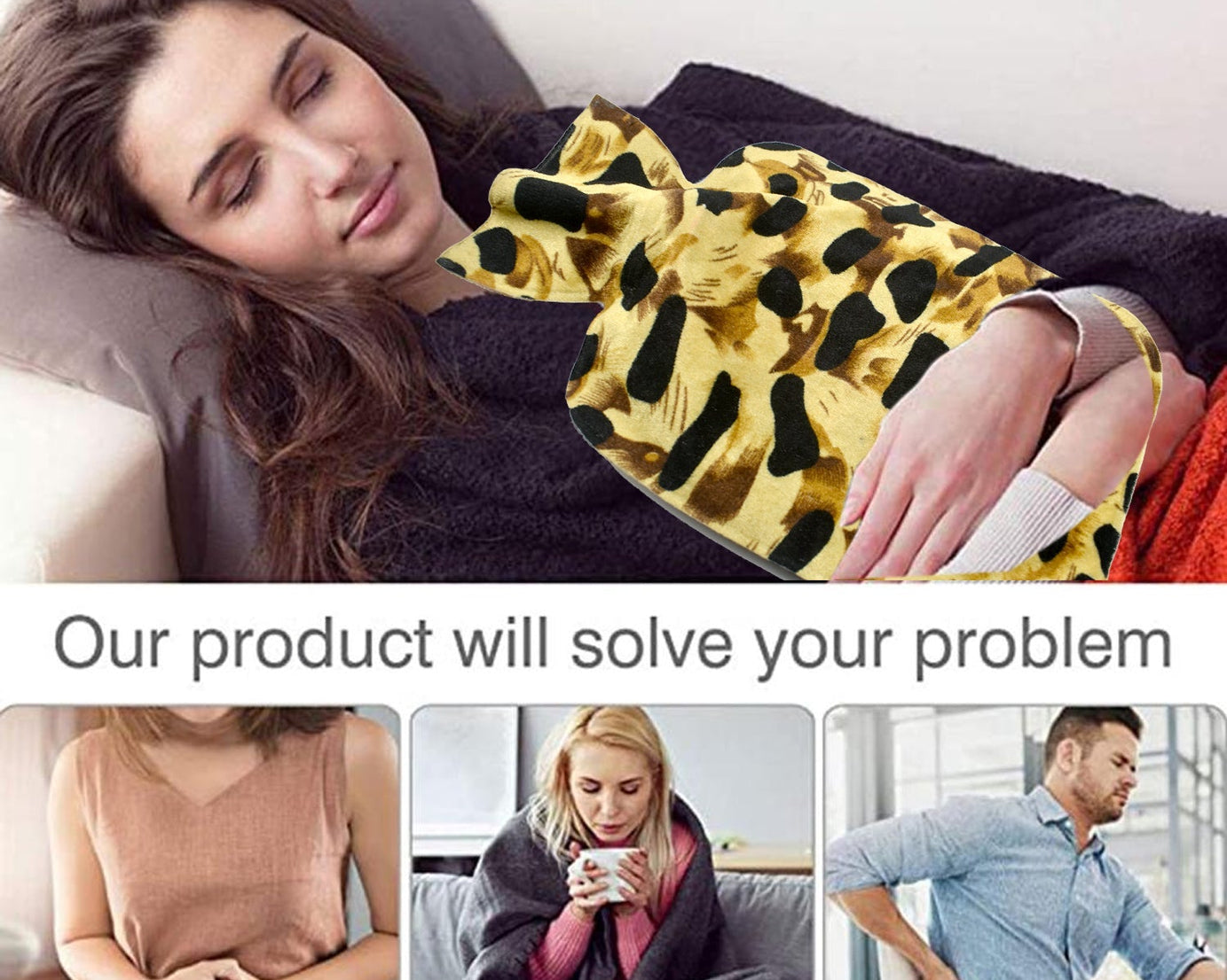 Heating pad bag filled with hot water, ready for use, highlighting its large size for effective relief