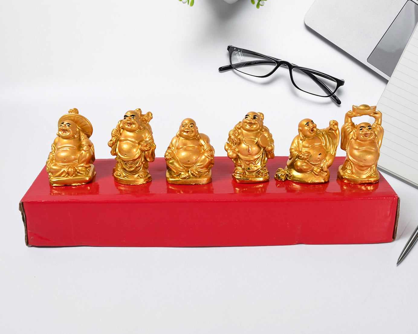 Golden Laughing Buddha Set Of Six Pieces Statue For Happiness, Wealth & Good luck Decor For Wealth and Success (6 Pcs Set)