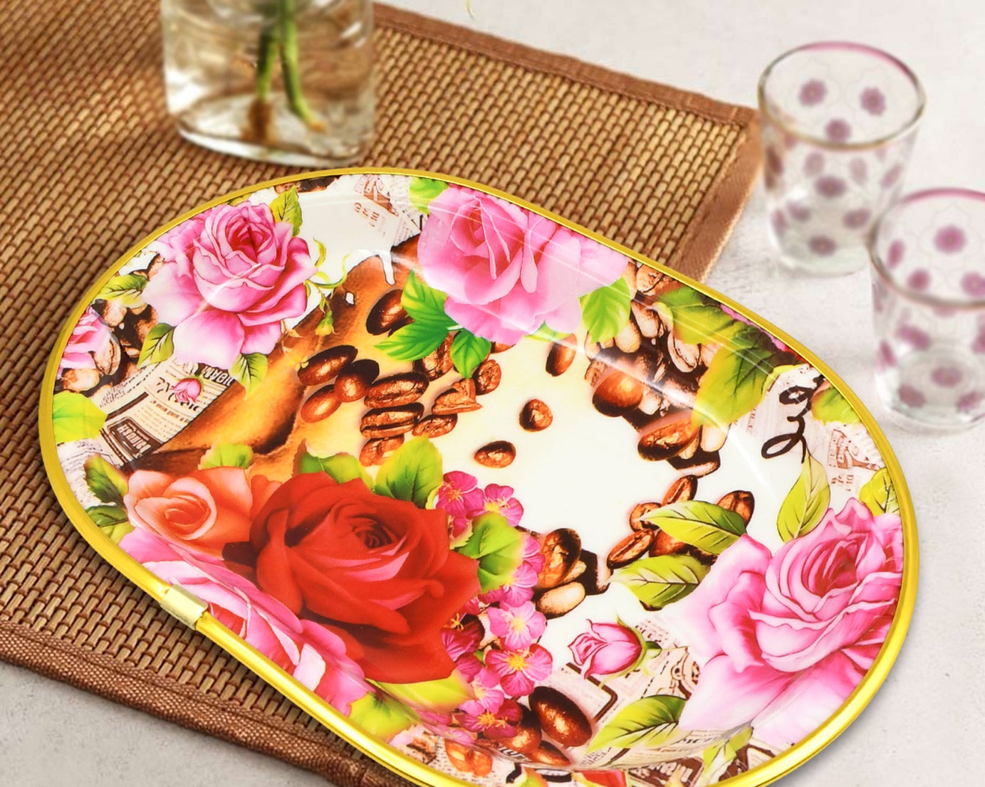 Small Plastic Flower Printed Design Serving Tray