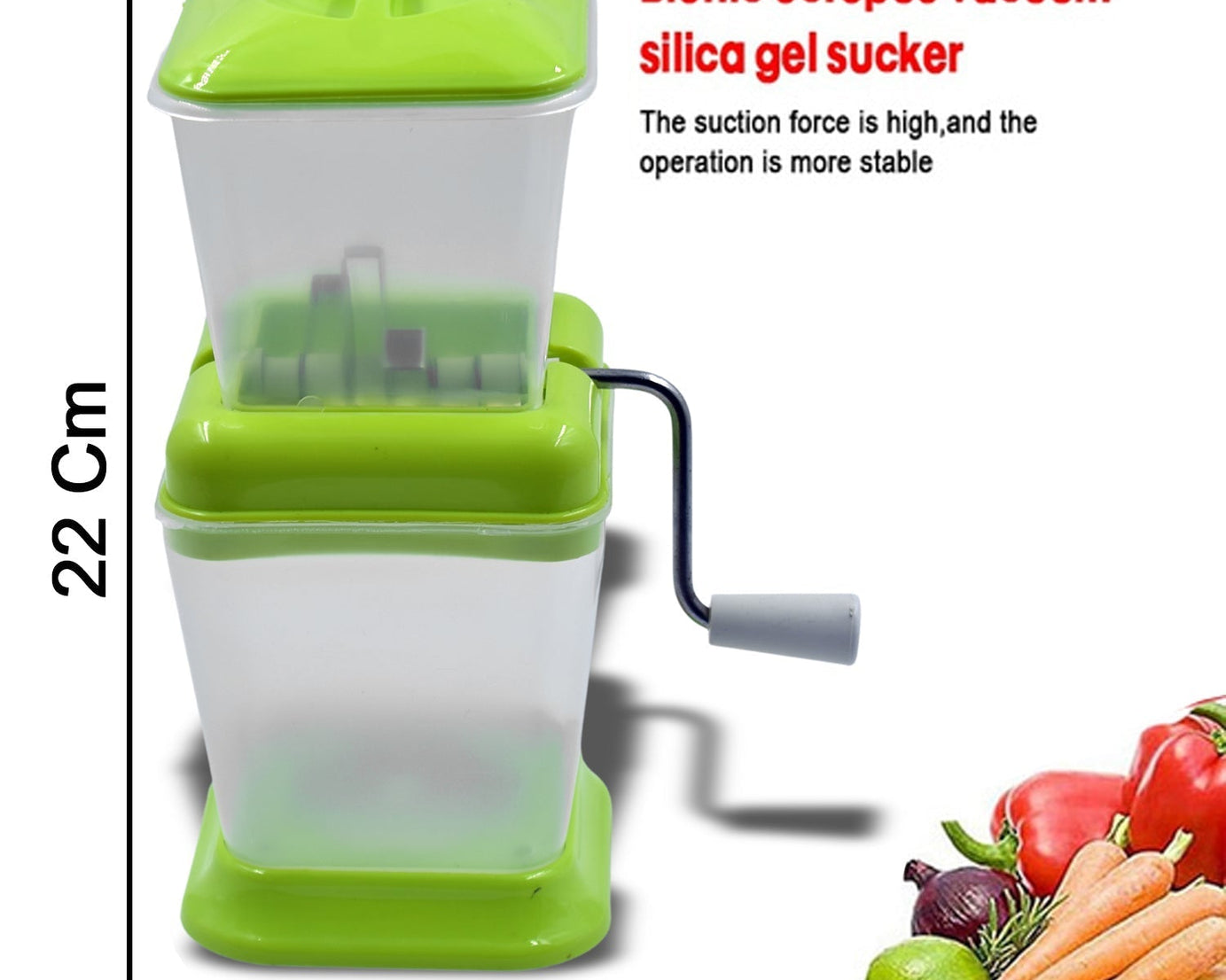 Vegetable chopper with rotating blade for quick cutting of onions.