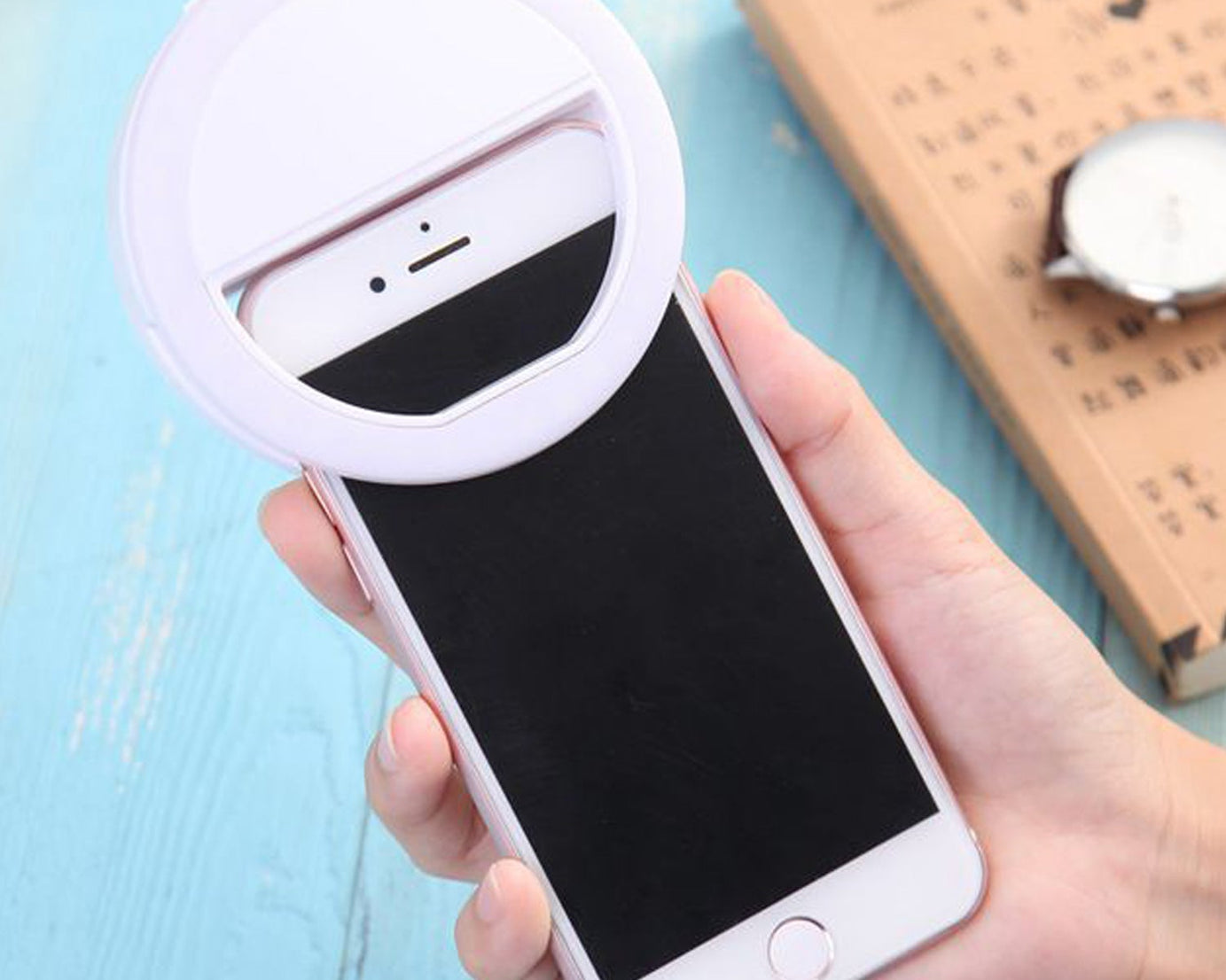 Selfie ring light with power cord, designed for easy use