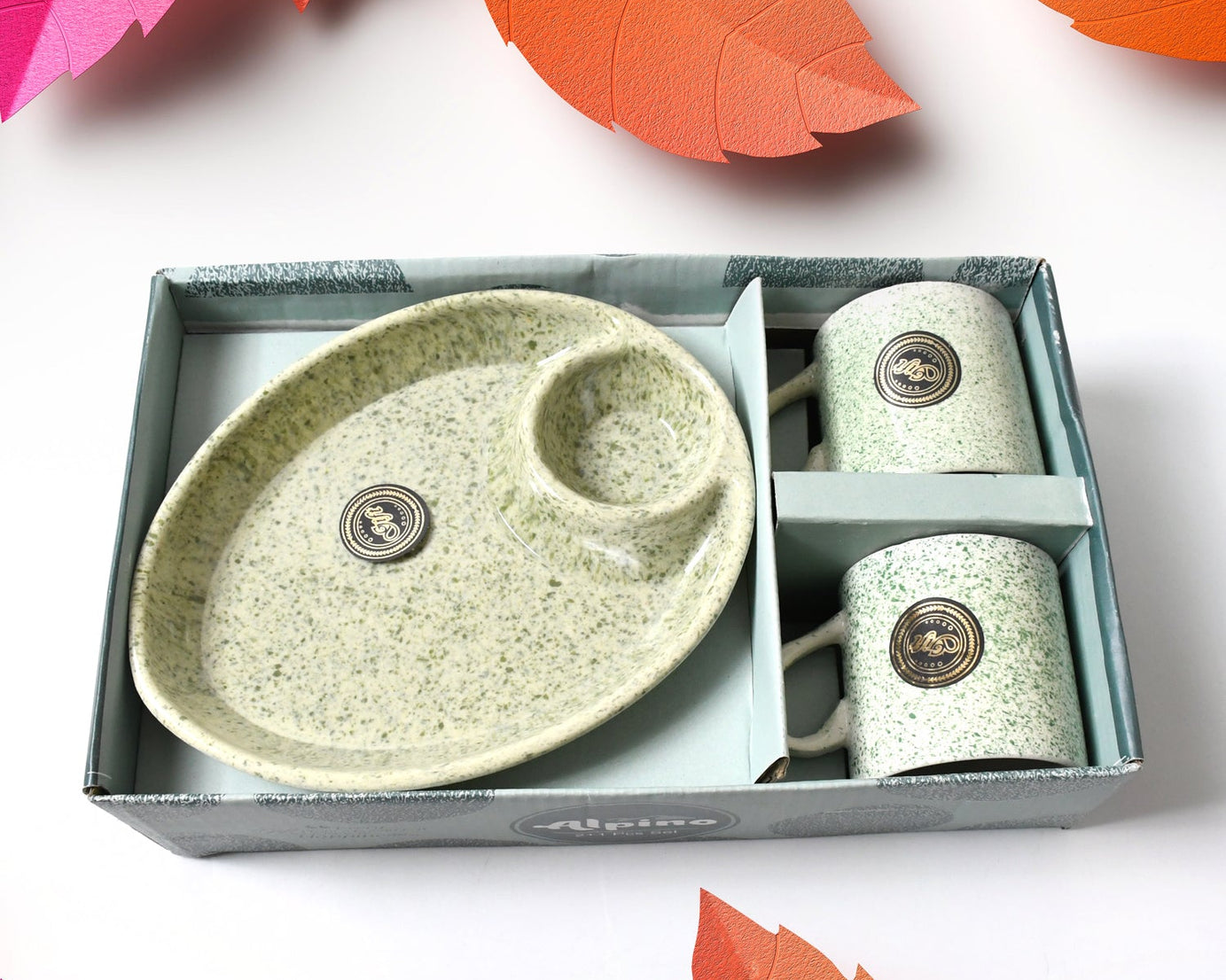 Alpino Ceramic Tea / Cups Set With Plastic Serving 2 Compartment Platter, Milk Cup / Mug, Coffee Cup, Tea Cup BPA Free Food Grade, or Outdoor for Household Gift For Birthday (3 Pcs Set)