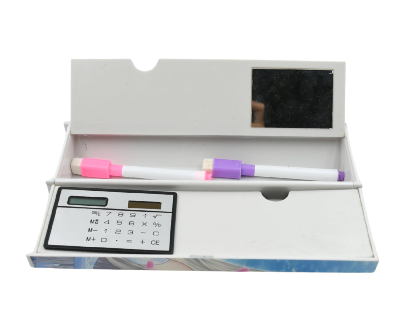 12 in 1 Compass Box, Geometry Box 2 Compartment, Pencil Box with 1 Calculator, 1 Mirror, Pen Refill 2 Black, 2 Blue, 2 Red, 2 Marker for Boys Art Plastic Pencil Box for Girls and Boys