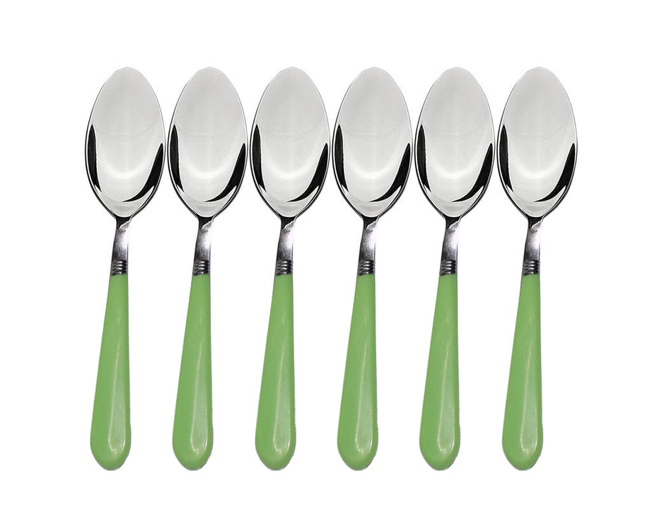 Stainless steel spoons set for dining with ergonomic grip handles.