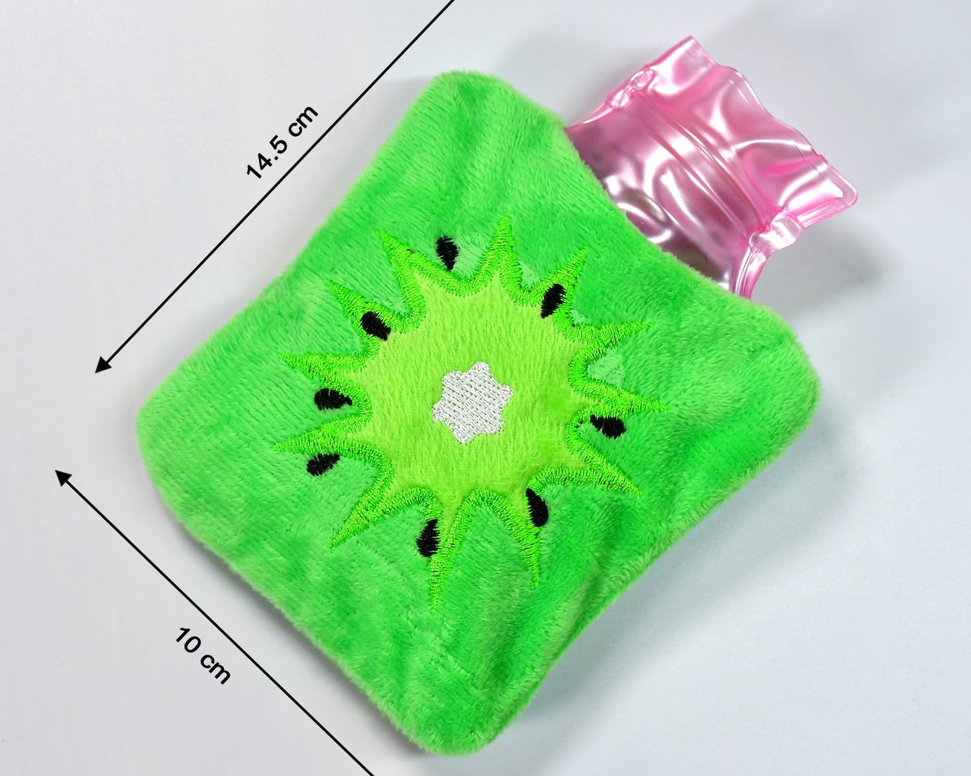 Hot water bag with green sun cover for soothing hands, feet, and neck pain