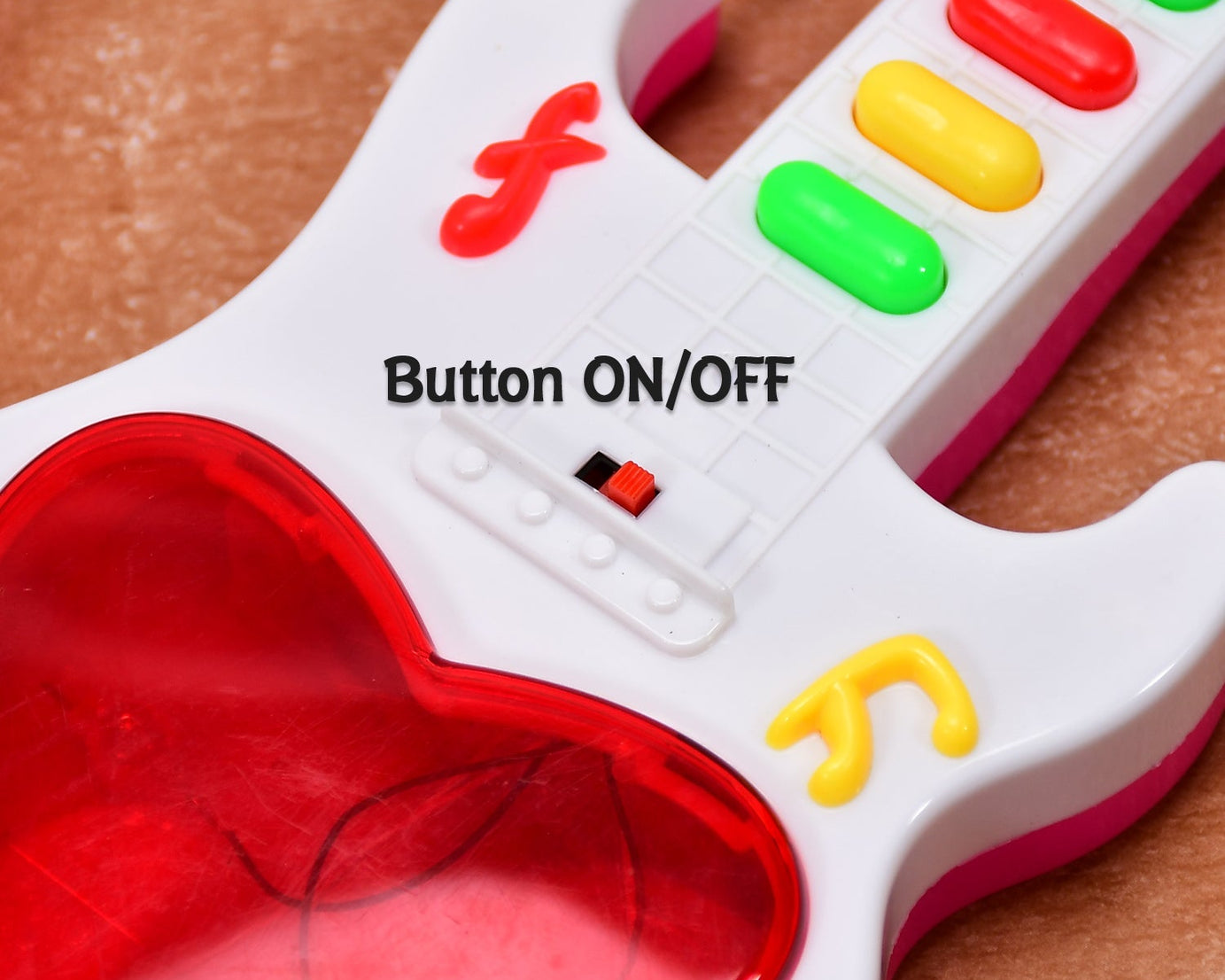 Musical toy guitar with flashing lights.