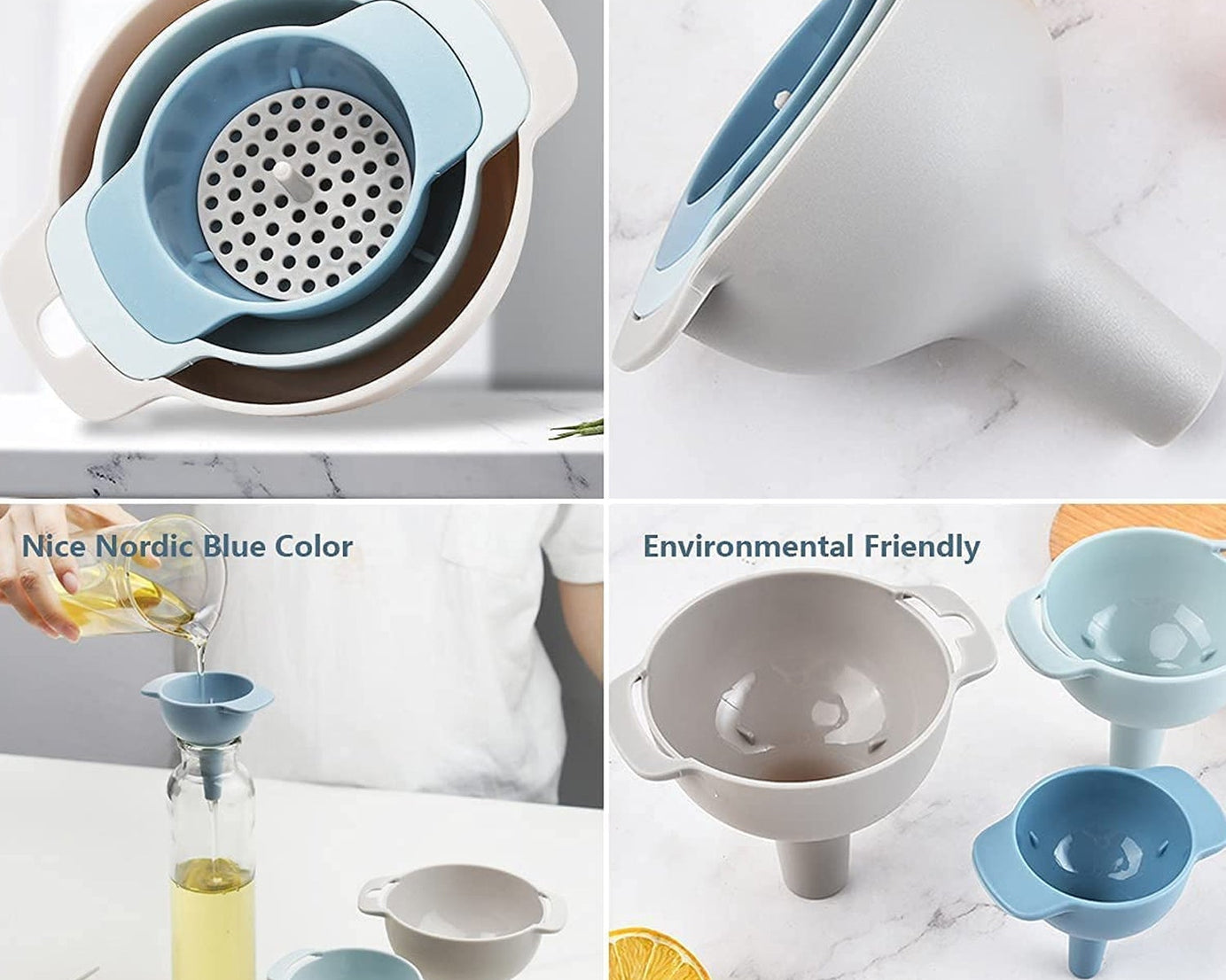 3 in 1 Kitchen Funnel Set of 3, Funnel for Filling Bottle, Small Canning Funnel with Handle, Food Grade Plastic Funnel with Detachable Strainer Filter for Liquid, Dry Ingredients, and Powder