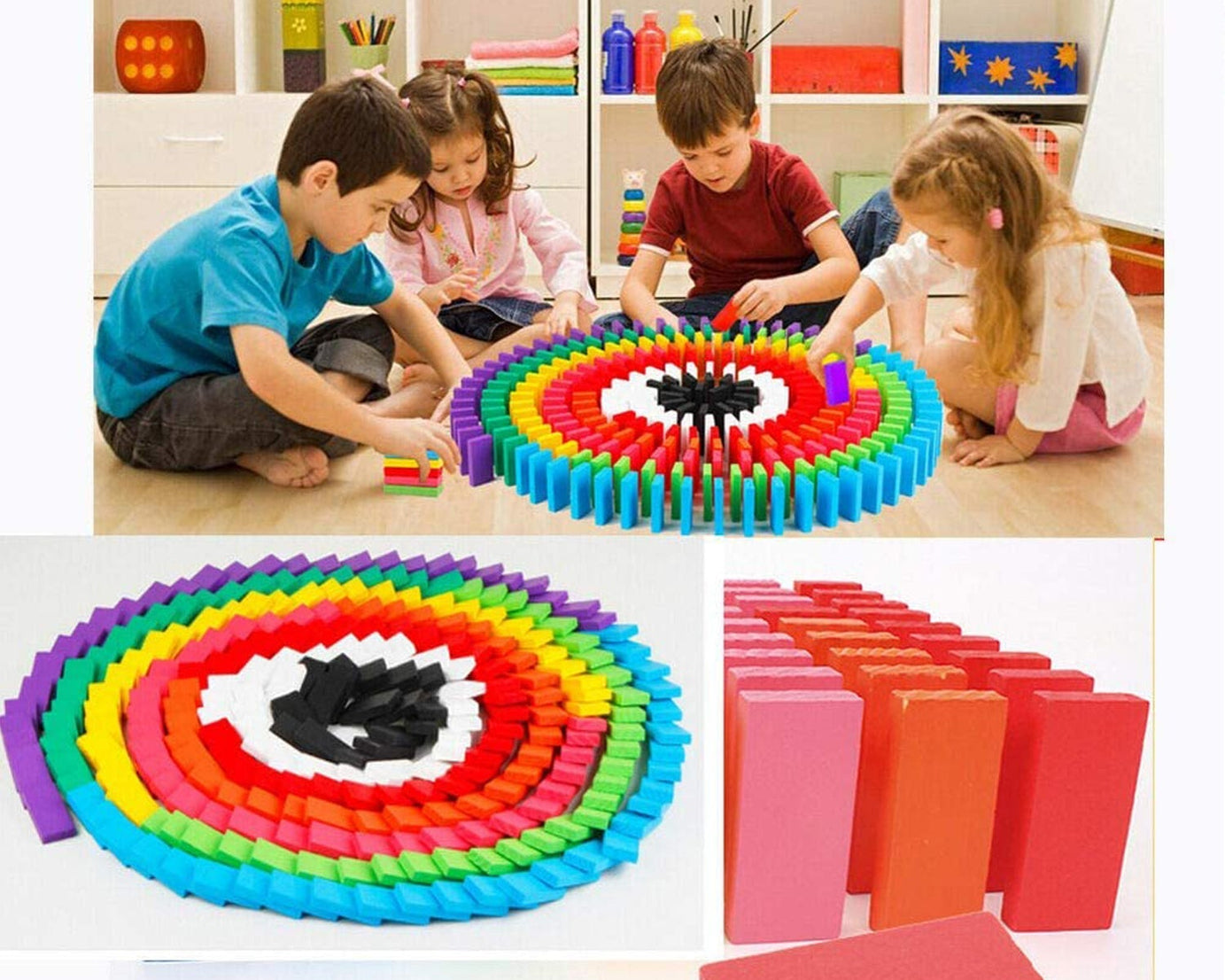 Domino blocks laid out in colorful display