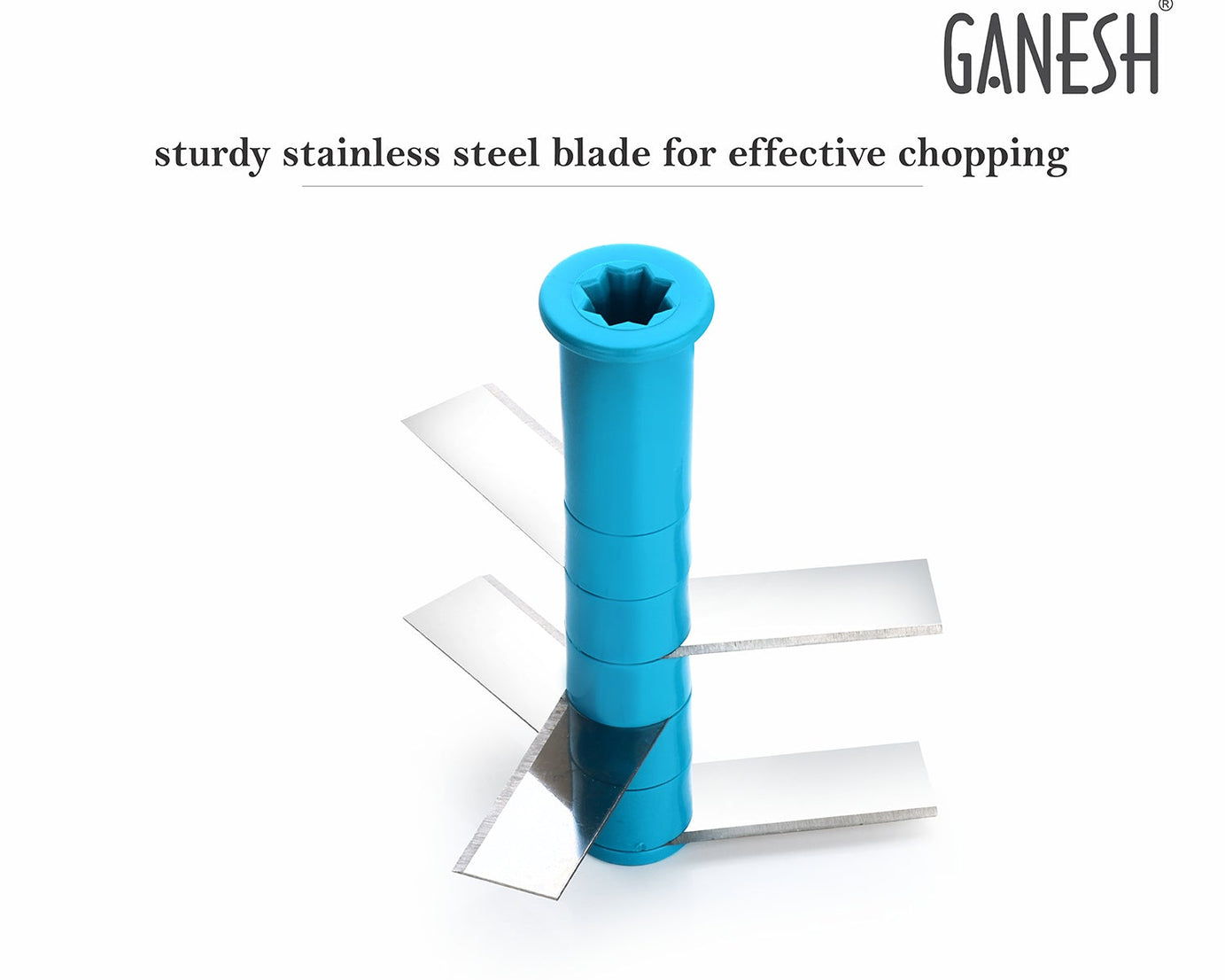 XL large chopper by Ganesh with 5 stainless steel blades, shown from different perspectives.
