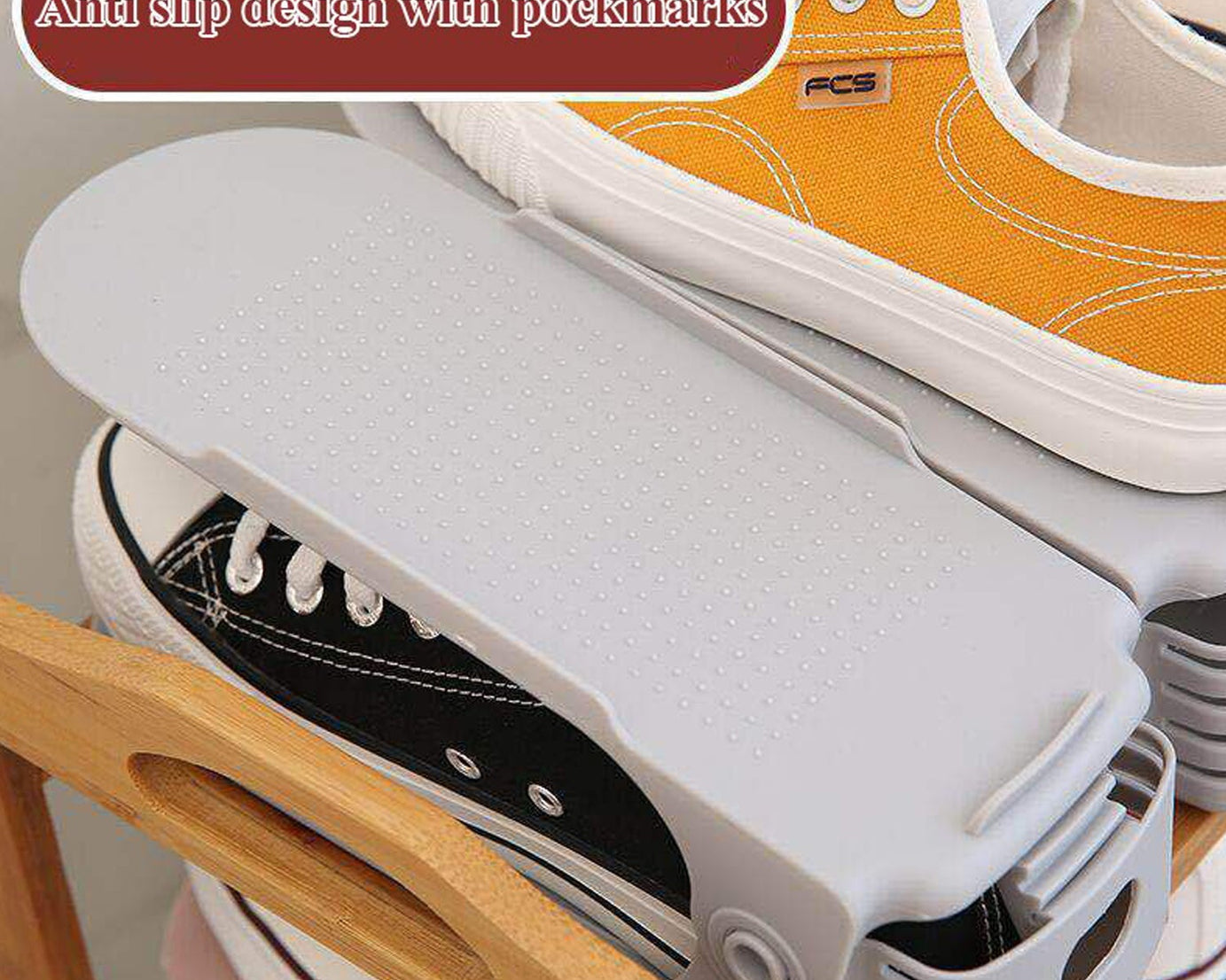 Adjustable shoe slots organizer for neat closet storage.