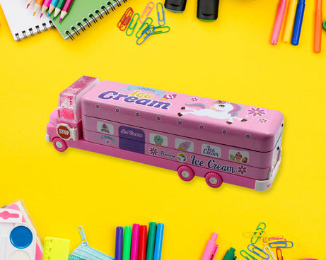 Double Decker Magic Truck Compass Multi Level Metal Truck Compass Pencil Case with Movable Wheels & Sharpener (Mix Design)