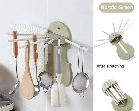 Plastic 7-in-1 Multifunction Retractable Wall-Mounted Pull-Out Hanger Rack Without Punching Hooks Up for Kitchen Bathroom
