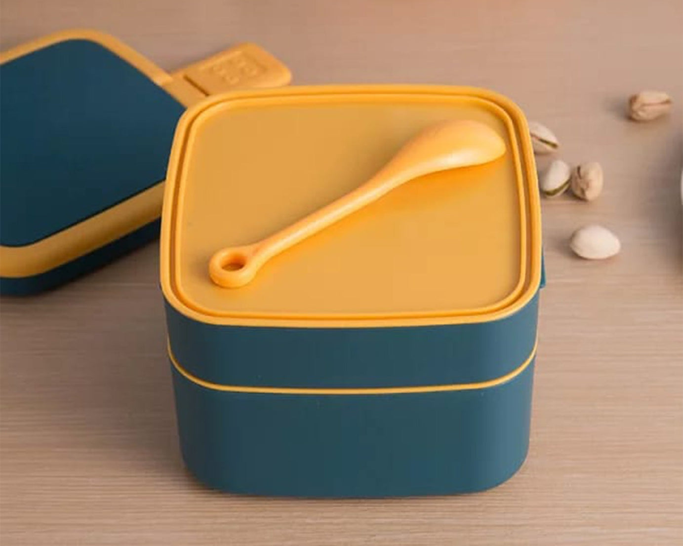 Blue double-layer lunch box with handle and spoon