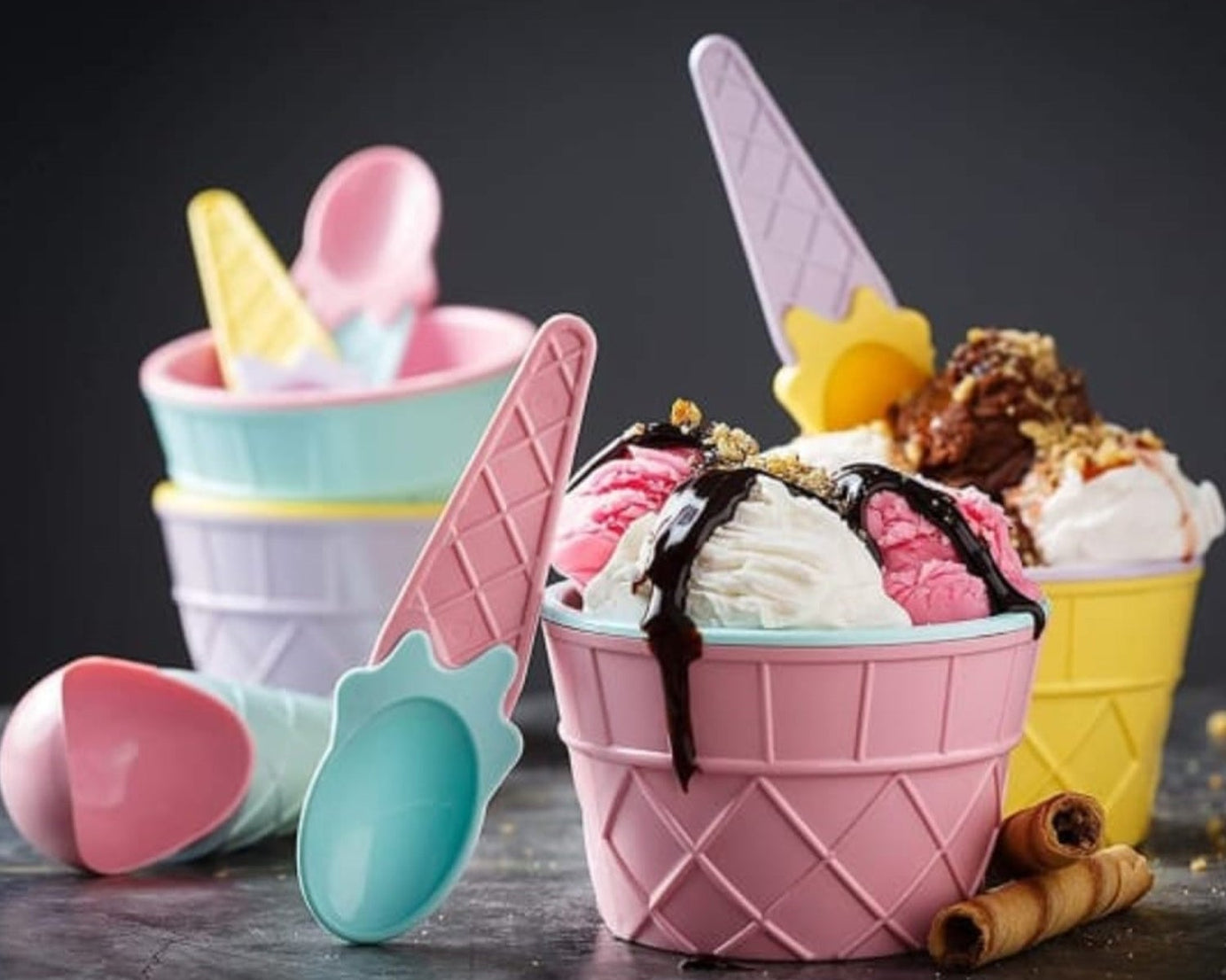 Ice-Cream Waffle Spoon Bowel Cup Set | Premium ice Cream Set | Ice-Cream Bowel with Spoon | 6 units Couple Bowl Set | Color Box
