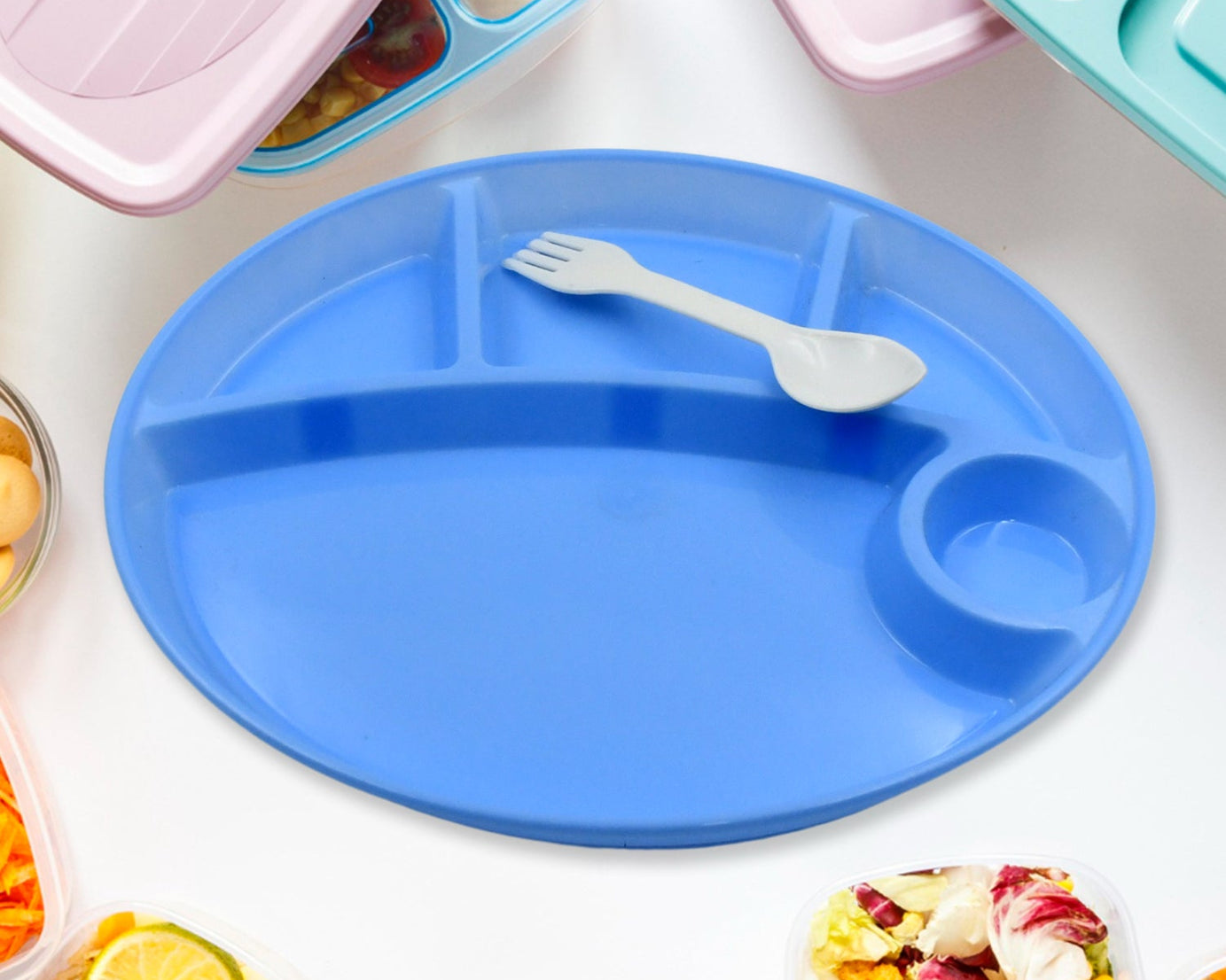 Plastic Food Plates / Biodegradable 5 Compartment Plate With Spoon for Food Snacks / Nuts / Desserts Plates for Kids, Reusable Plates for Outdoor, Camping, BPA-free (1 Pc)